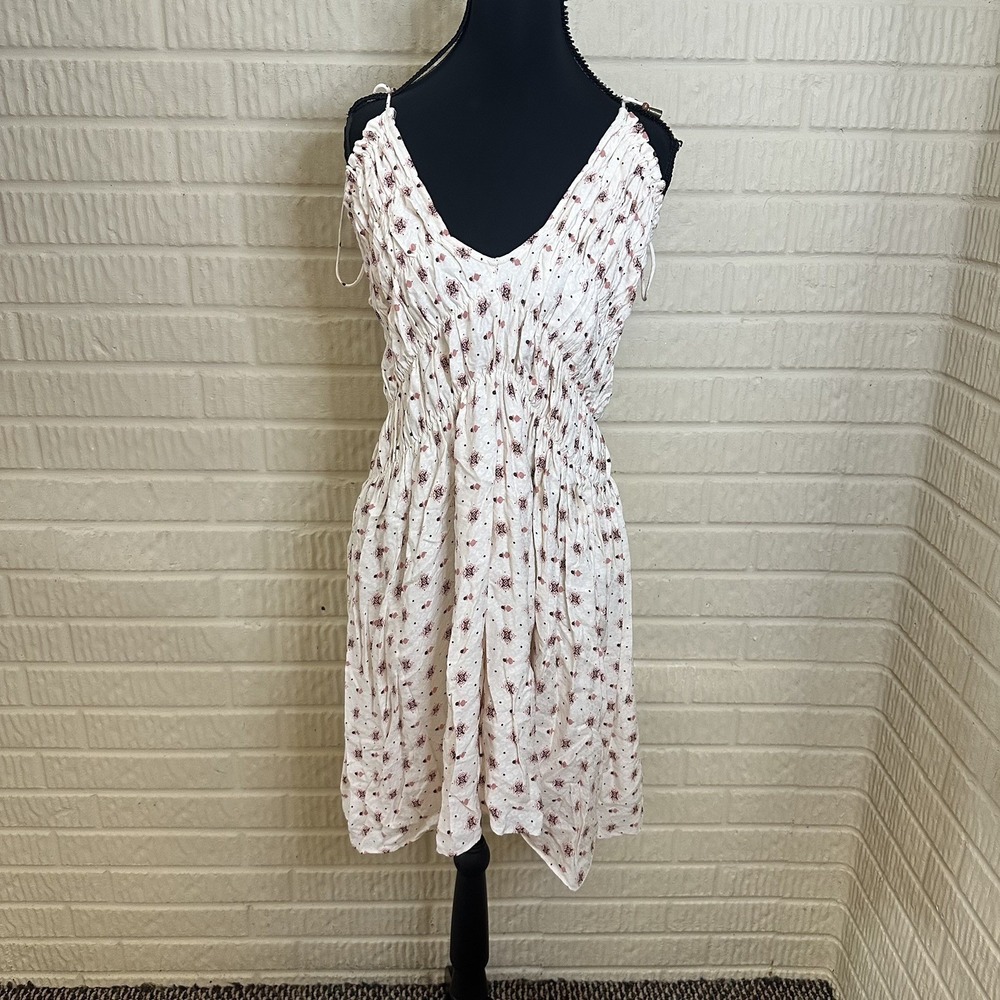 Free People Ivory Pink Floral CLEMENTINA Mini Dress SZ L Boho Adjustable Prairie
